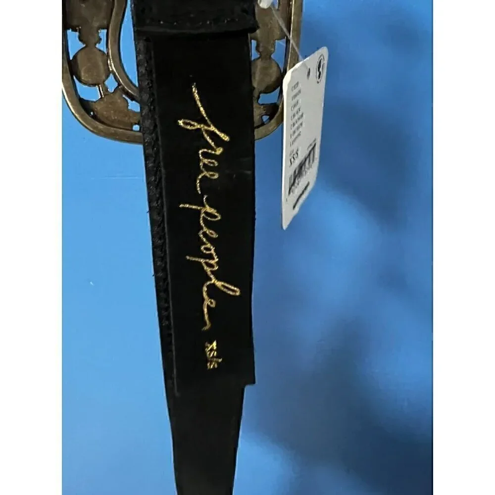Free People Black Leather Belt With Ornate Buckle XS/S, WESTERN, COWGIRL,